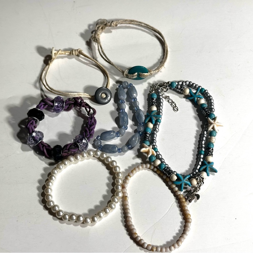 Beaded Bracelet Lot Stackable Boho Festival Fairycore Blues Neutrals Mermaid